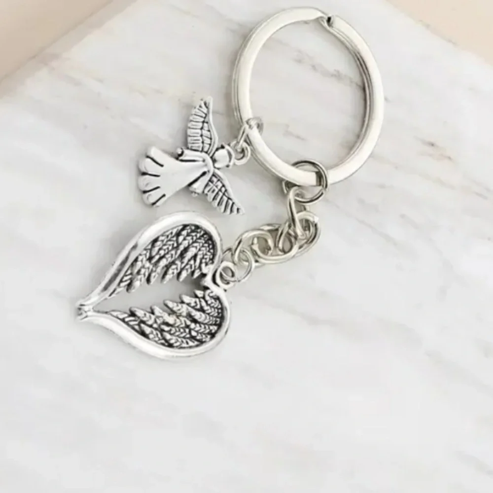 NWT Angel Wings Charm Keychain Silver Plated Angels Watching Over NEW